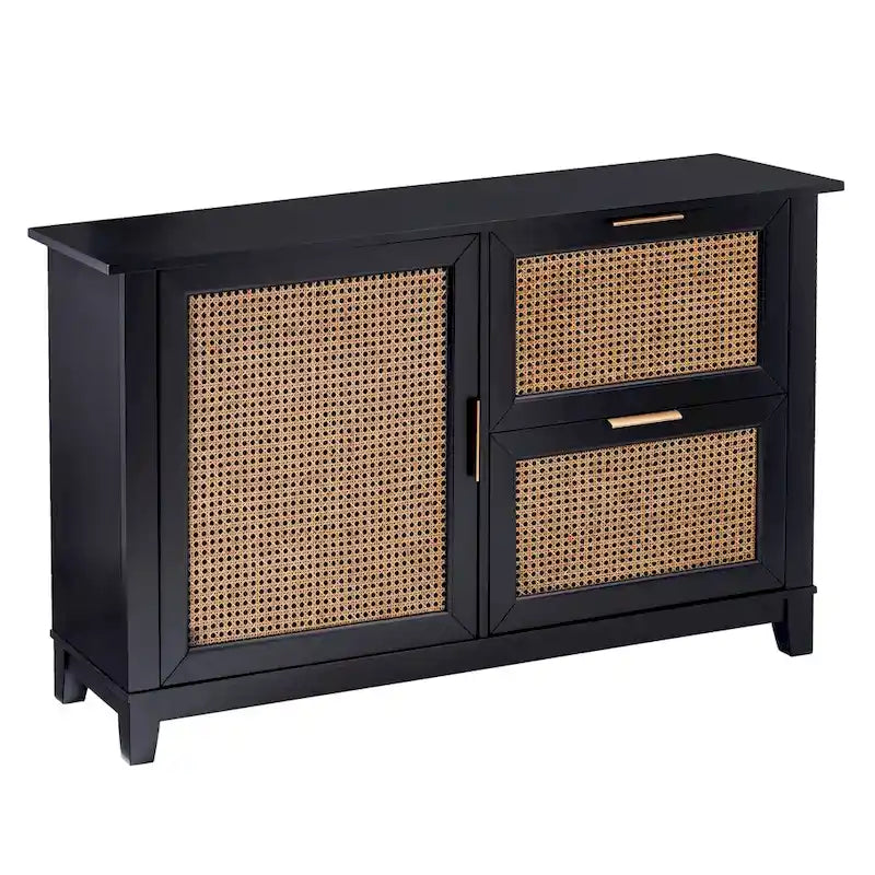 Black Rattan Sideboard Cabinet with Drawers Brass Hardware Natural