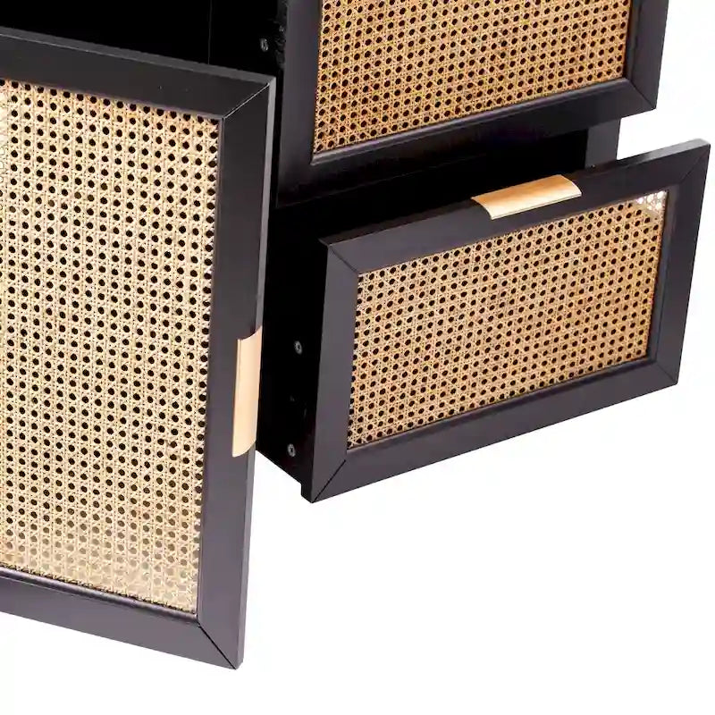 Black Rattan Sideboard Cabinet with Drawers Brass Hardware Natural
