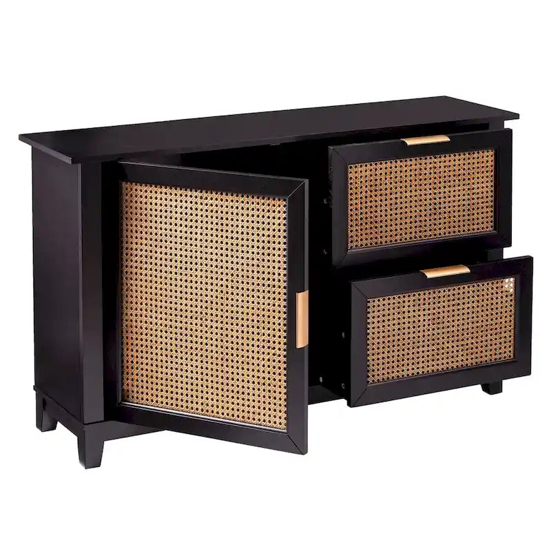 Black Rattan Sideboard Cabinet with Drawers Brass Hardware Natural
