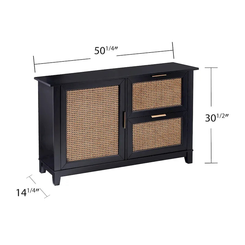 Black Rattan Sideboard Cabinet with Drawers Brass Hardware Natural