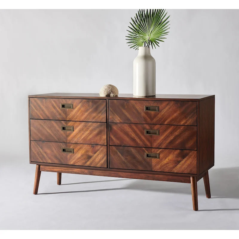 Natural Oak Mid-Century 6-Drawer Double Dresser Acacia Veneer Bronze Pulls Tapered Legs