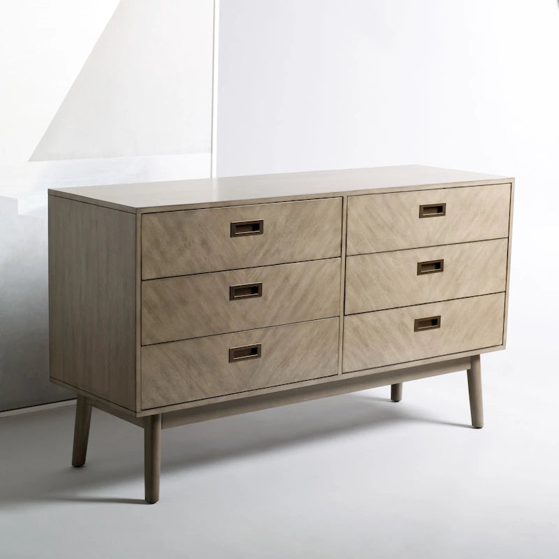 Natural Oak Mid-Century 6-Drawer Double Dresser Acacia Veneer Bronze Pulls Tapered Legs