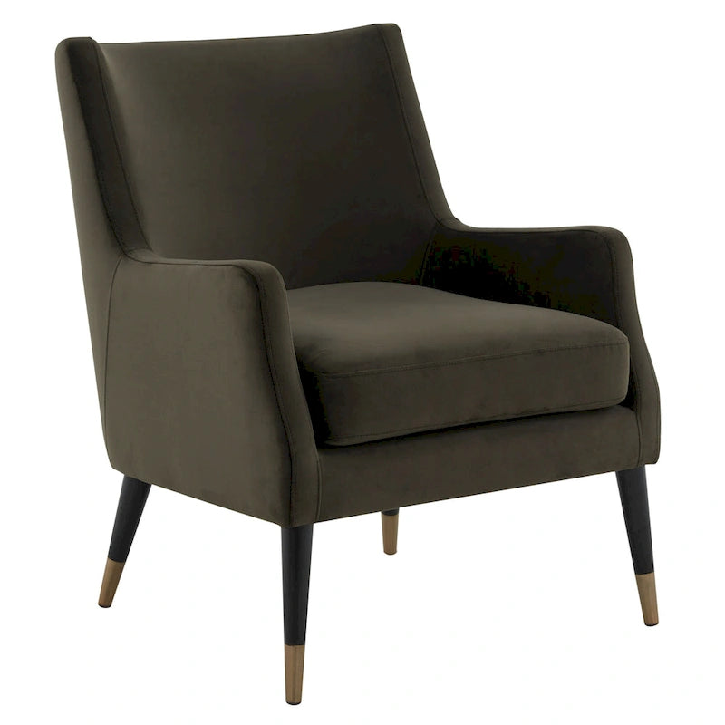 Poltrona decorativa in velluto grigio ardesia rétro, terminali delle gambe in ottone anticàto