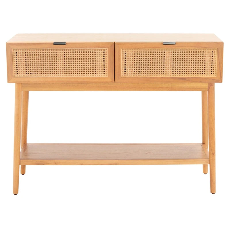 Natural Rattan-Front Console Table 2 Drawers Open Shelf Angled Legs Mid-Century Coastal