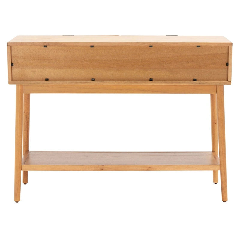 Natural Rattan-Front Console Table 2 Drawers Open Shelf Angled Legs Mid-Century Coastal