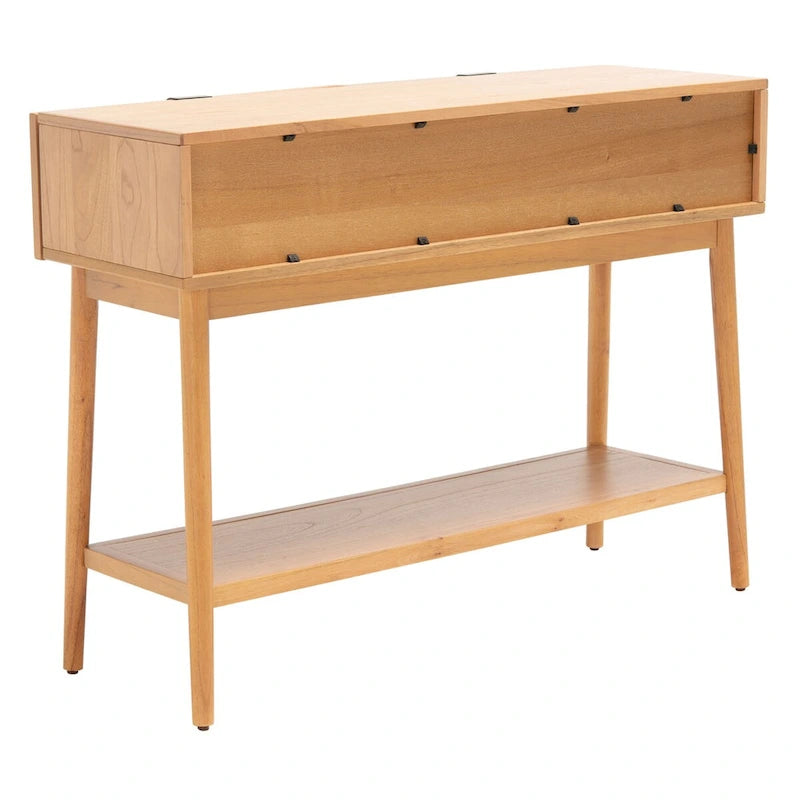 Konsolentisch mit Front aus natürlichem Rattan, 2 Schubladen, offenem Fach und angewinkelten Beinen, Mid-Century-Küstenstil