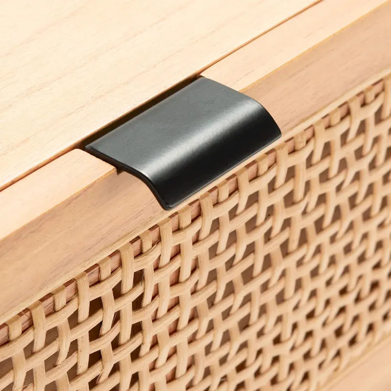 Konsolentisch mit Front aus natürlichem Rattan, 2 Schubladen, offenem Fach und angewinkelten Beinen, Mid-Century-Küstenstil