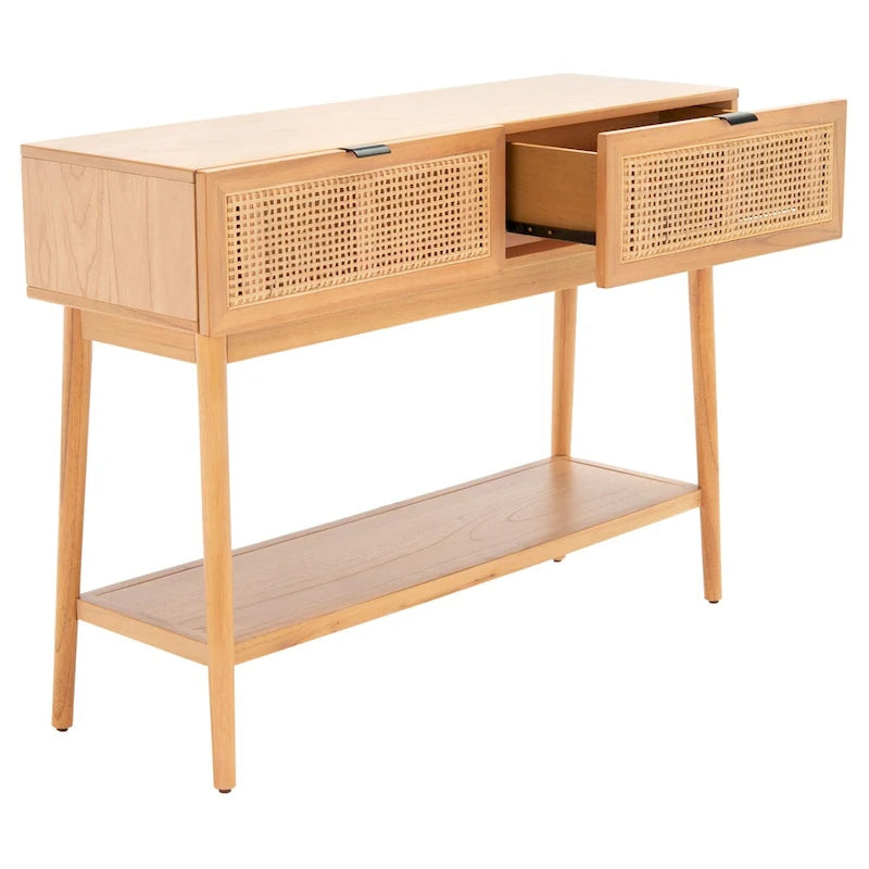 Konsolentisch mit Front aus natürlichem Rattan, 2 Schubladen, offenem Fach und angewinkelten Beinen, Mid-Century-Küstenstil