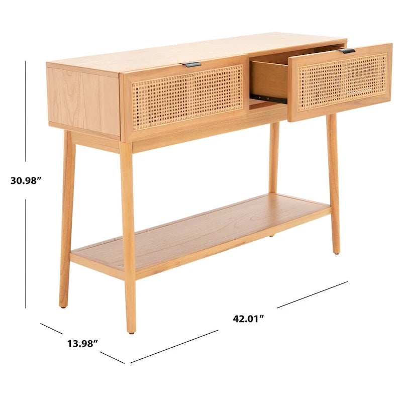 Konsolentisch mit Front aus natürlichem Rattan, 2 Schubladen, offenem Fach und angewinkelten Beinen, Mid-Century-Küstenstil