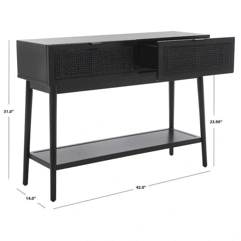 Konsolentisch mit Front aus natürlichem Rattan, 2 Schubladen, offenem Fach und angewinkelten Beinen, Mid-Century-Küstenstil