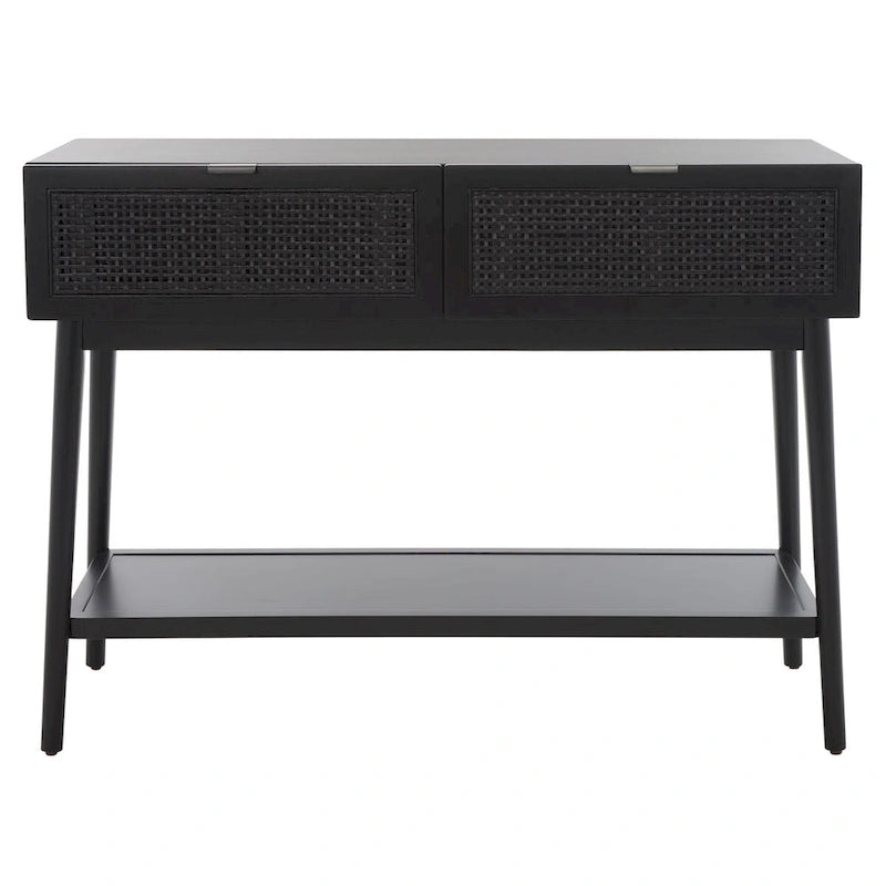 Konsolentisch mit Front aus natürlichem Rattan, 2 Schubladen, offenem Fach und angewinkelten Beinen, Mid-Century-Küstenstil