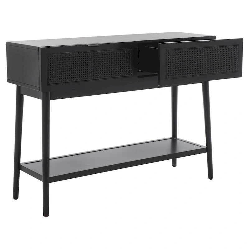 Konsolentisch mit Front aus natürlichem Rattan, 2 Schubladen, offenem Fach und angewinkelten Beinen, Mid-Century-Küstenstil