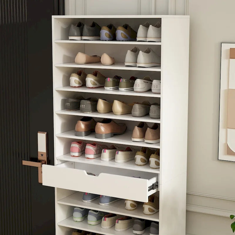 White Tall Multi-Layer Shoe Rack Organizer with Drawer Entryway