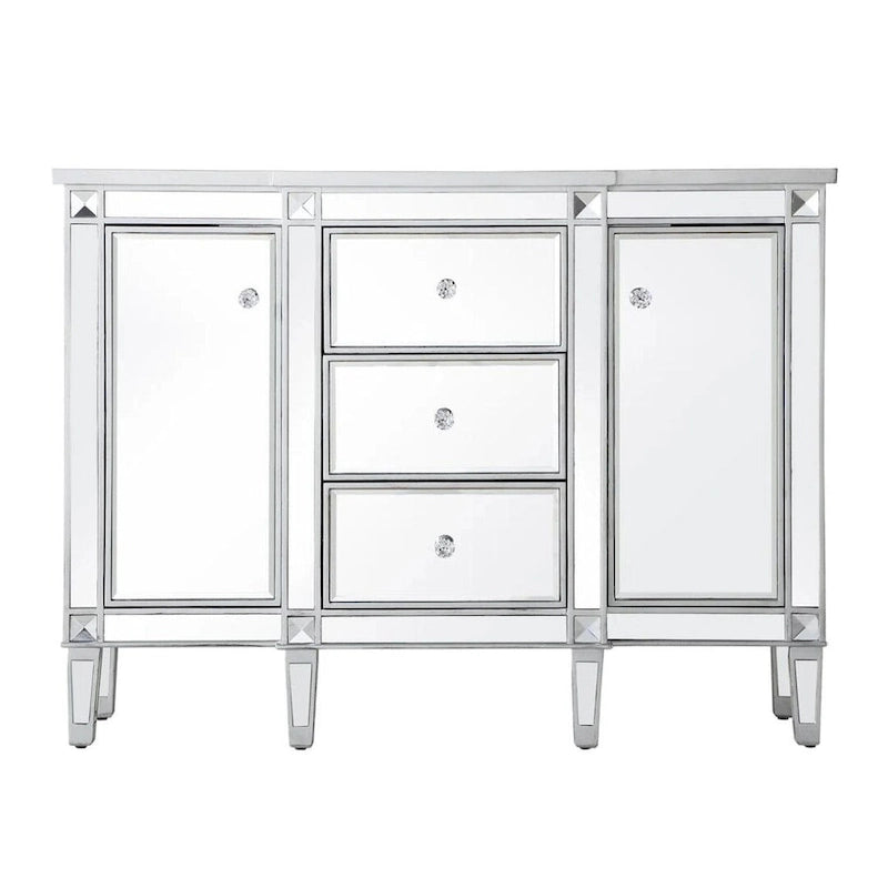 Meuble d’appoint argenté effet miroir à 2 portes et 3 tiroirs, boutons en cristal, pieds effilés