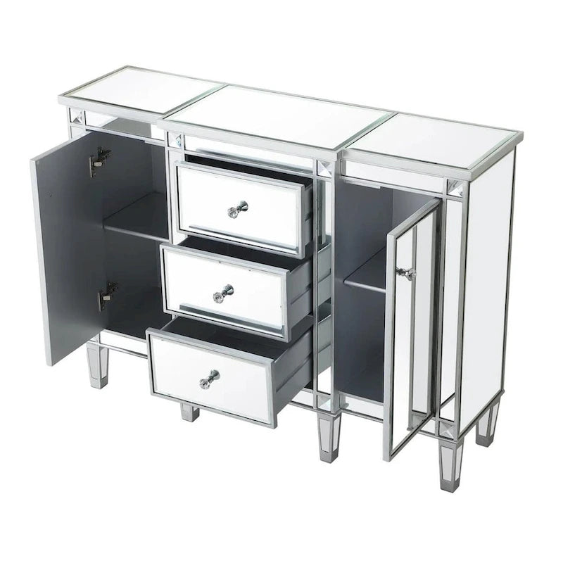 Meuble d’appoint argenté effet miroir à 2 portes et 3 tiroirs, boutons en cristal, pieds effilés