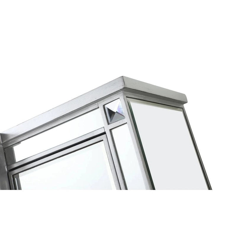 Meuble d’appoint argenté effet miroir à 2 portes et 3 tiroirs, boutons en cristal, pieds effilés