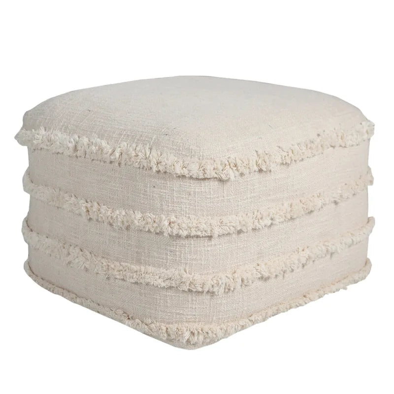 Cream Cotton Tufted Cube Pouf Ottoman Fringe Stripe Boho Footrest