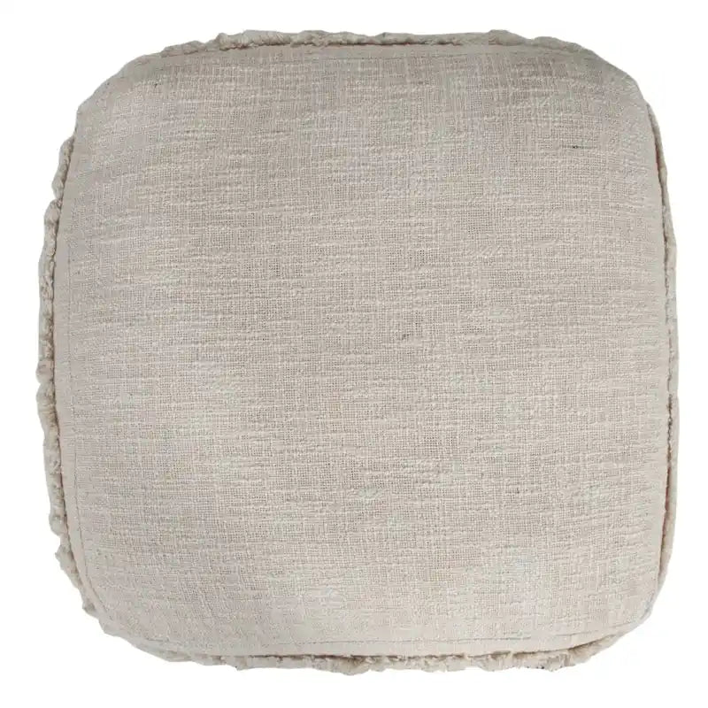 Würfelpouf und Hocker in Creme aus Baumwolle mit Knopfheftung, Fransen und Streifen im Boho-Stil, als Fußablage