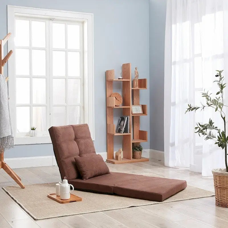 Brown Triple-Fold Floor Sofa Bed 14-Position Adjustable Backrest Quilted Polyester Includes Pillow
