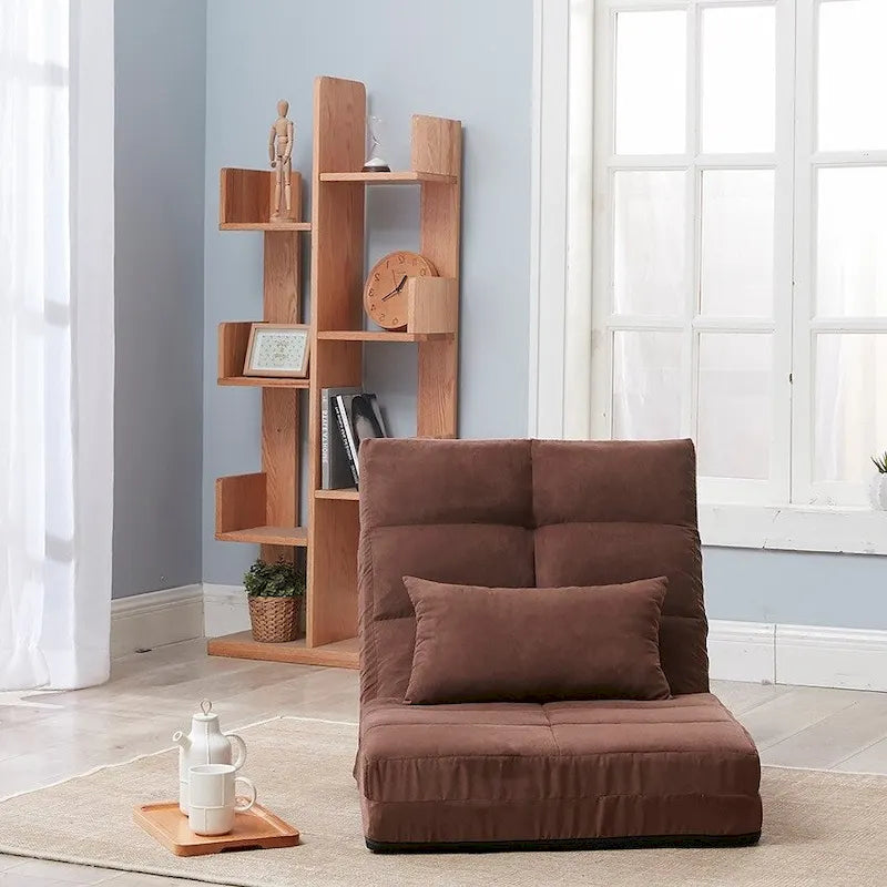 Brown Triple-Fold Floor Sofa Bed 14-Position Adjustable Backrest Quilted Polyester Includes Pillow