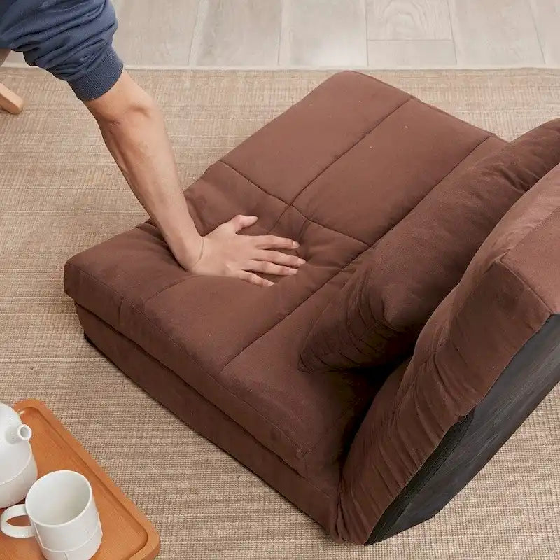 Brown Triple-Fold Floor Sofa Bed 14-Position Adjustable Backrest Quilted Polyester Includes Pillow