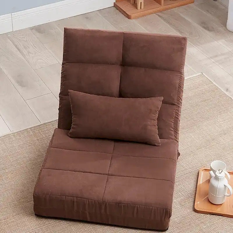 Brown Triple-Fold Floor Sofa Bed 14-Position Adjustable Backrest Quilted Polyester Includes Pillow