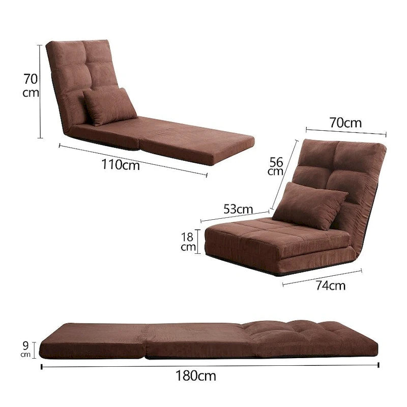 Brown Triple-Fold Floor Sofa Bed 14-Position Adjustable Backrest Quilted Polyester Includes Pillow
