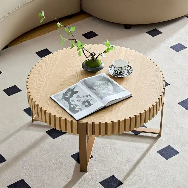 Black Round Coffee Table Fluted Apron Gold X-Frame Metal Legs MDF Top