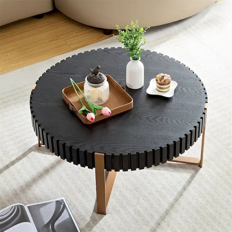 Black Round Coffee Table Fluted Apron Gold X-Frame Metal Legs MDF Top
