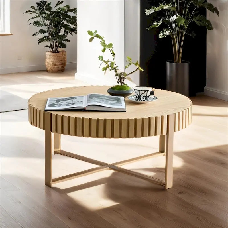 Black Round Coffee Table Fluted Apron Gold X-Frame Metal Legs MDF Top
