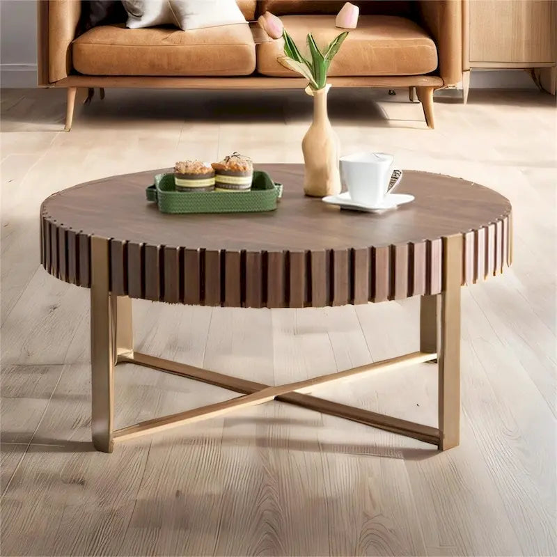 Black Round Coffee Table Fluted Apron Gold X-Frame Metal Legs MDF Top