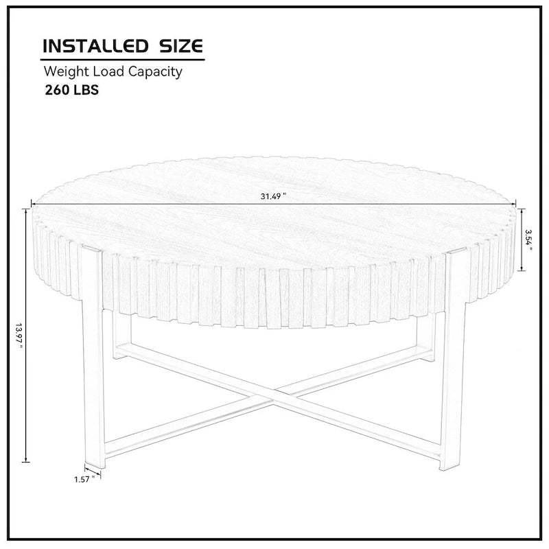 Black Round Coffee Table Fluted Apron Gold X-Frame Metal Legs MDF Top