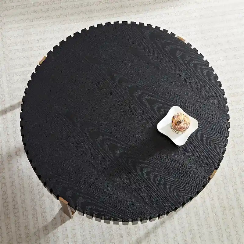Black Round Coffee Table Fluted Apron Gold X-Frame Metal Legs MDF Top
