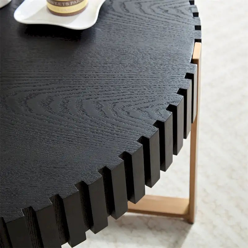 Black Round Coffee Table Fluted Apron Gold X-Frame Metal Legs MDF Top