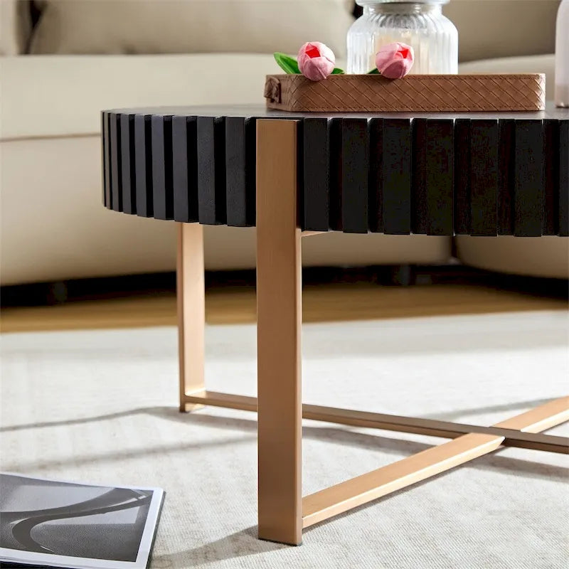 Black Round Coffee Table Fluted Apron Gold X-Frame Metal Legs MDF Top