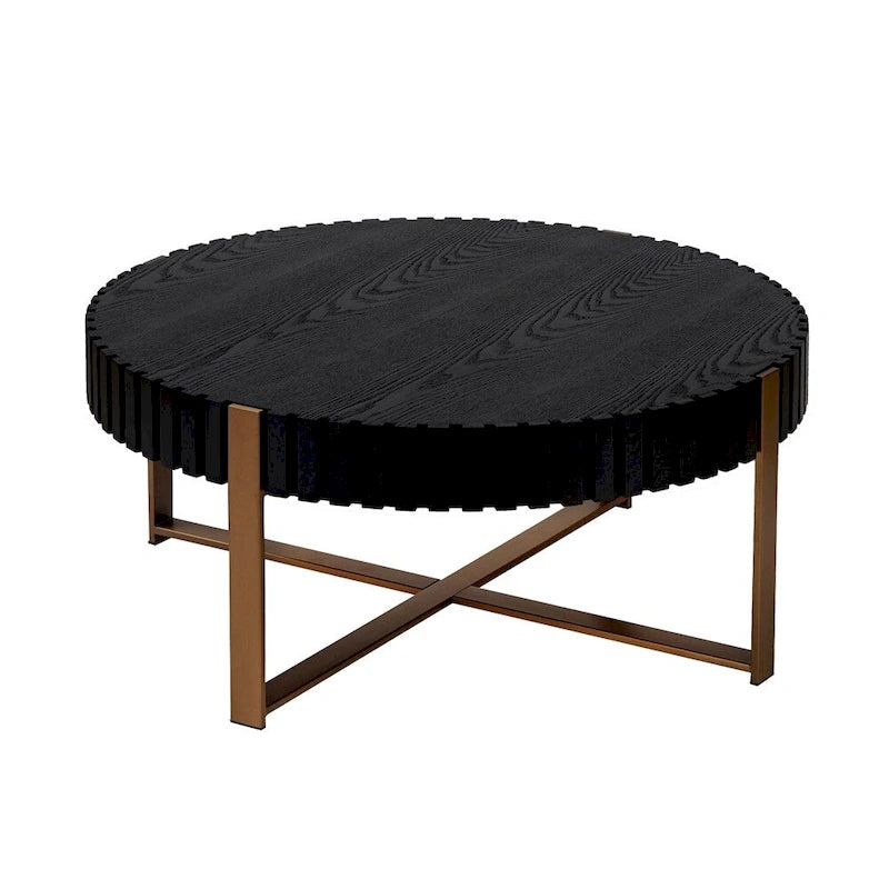 Black Round Coffee Table Fluted Apron Gold X-Frame Metal Legs MDF Top