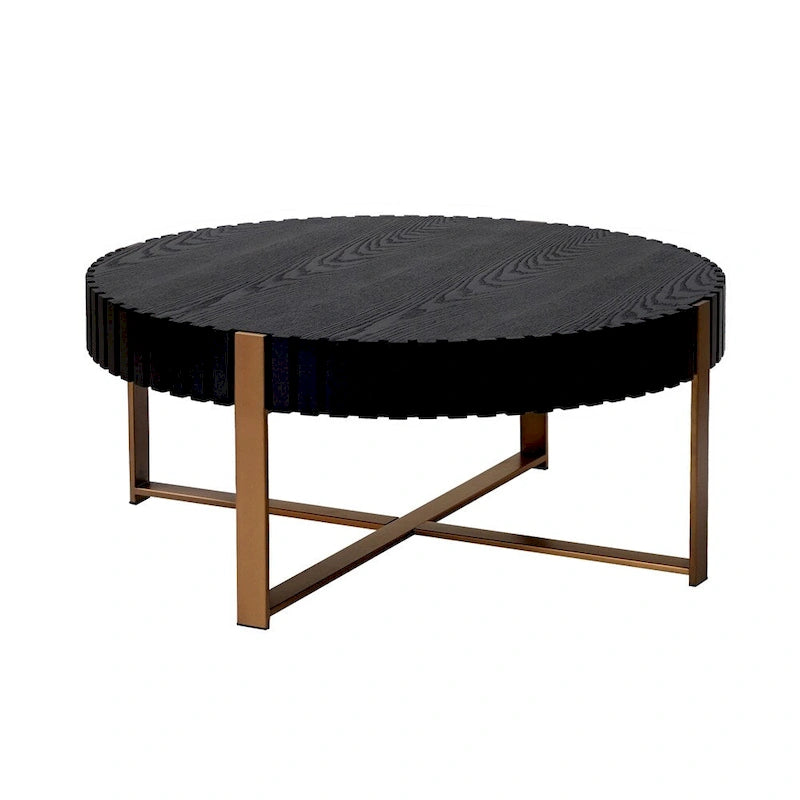 Black Round Coffee Table Fluted Apron Gold X-Frame Metal Legs MDF Top