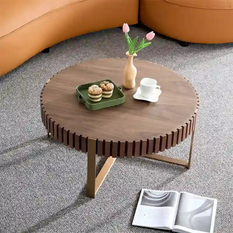 Black Round Coffee Table Fluted Apron Gold X-Frame Metal Legs MDF Top