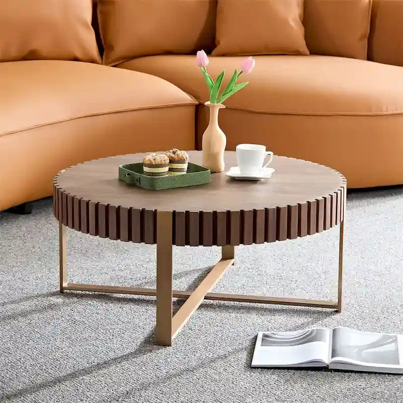 Black Round Coffee Table Fluted Apron Gold X-Frame Metal Legs MDF Top