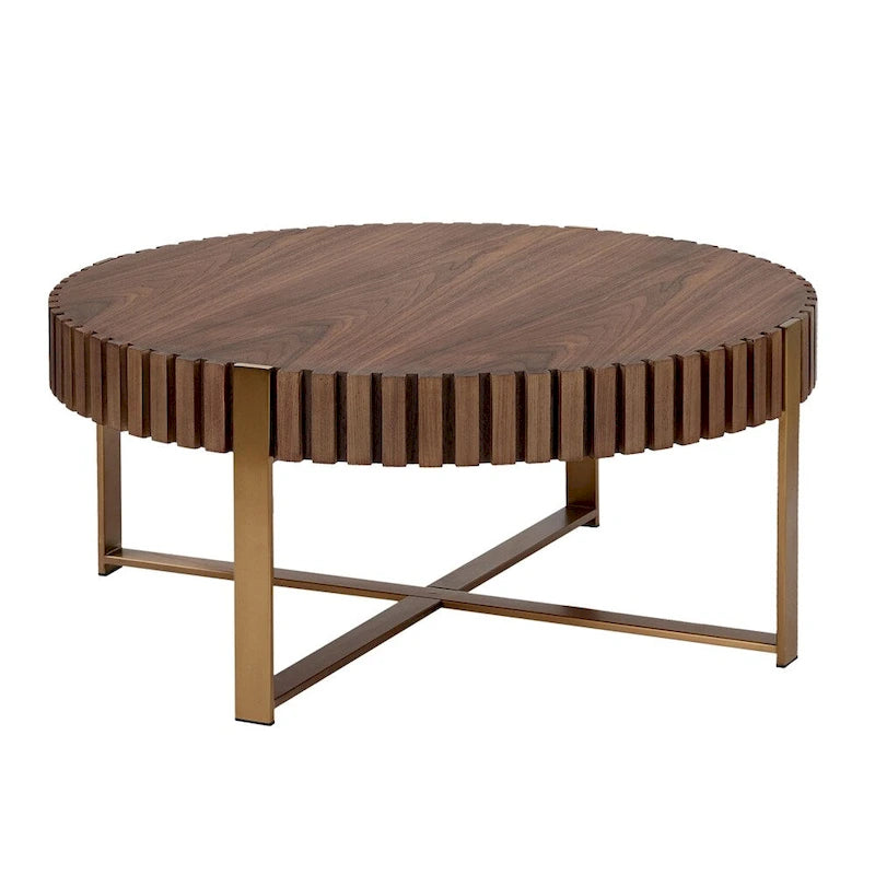 Black Round Coffee Table Fluted Apron Gold X-Frame Metal Legs MDF Top