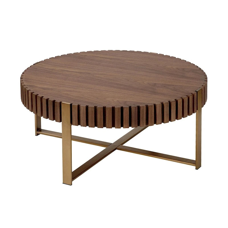 Black Round Coffee Table Fluted Apron Gold X-Frame Metal Legs MDF Top