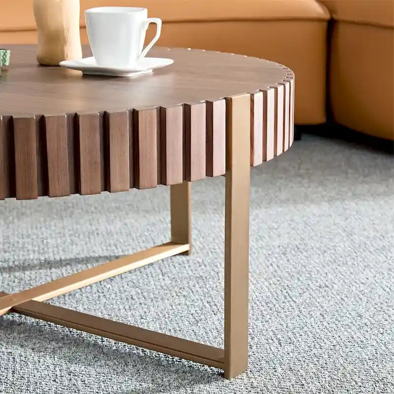 Black Round Coffee Table Fluted Apron Gold X-Frame Metal Legs MDF Top