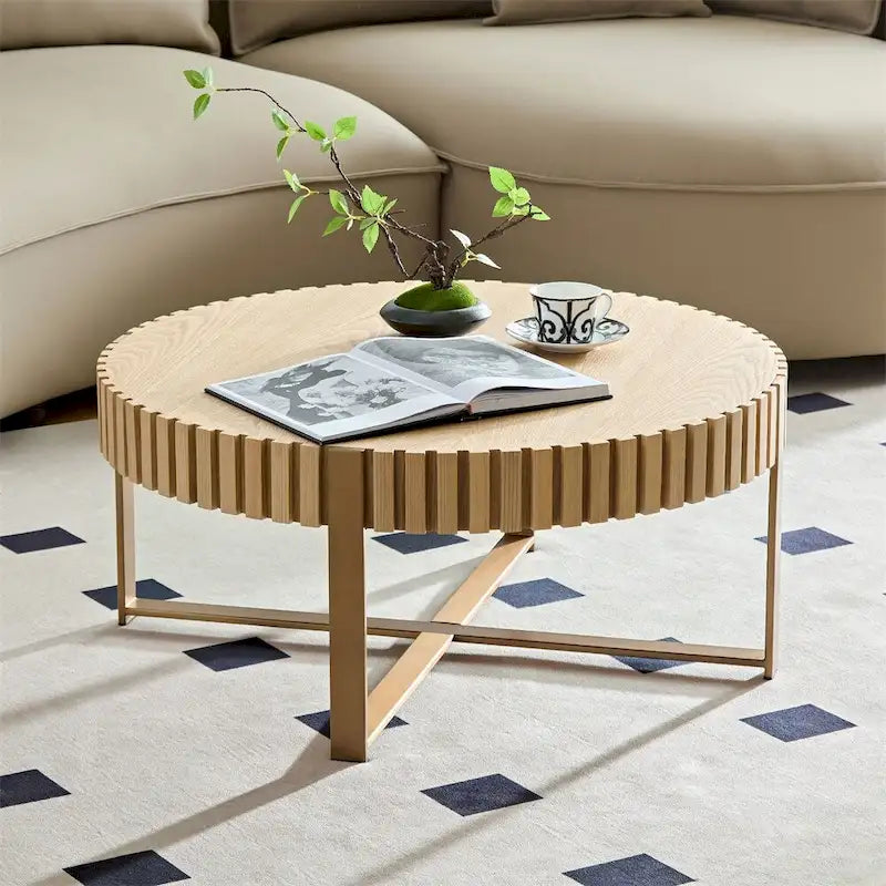 Black Round Coffee Table Fluted Apron Gold X-Frame Metal Legs MDF Top