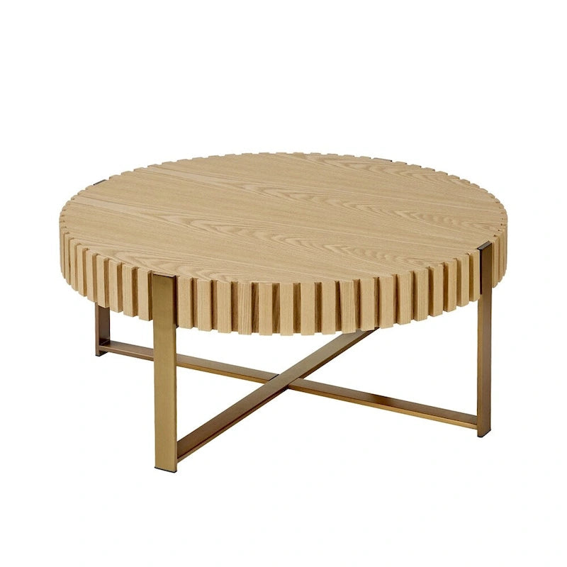 Black Round Coffee Table Fluted Apron Gold X-Frame Metal Legs MDF Top