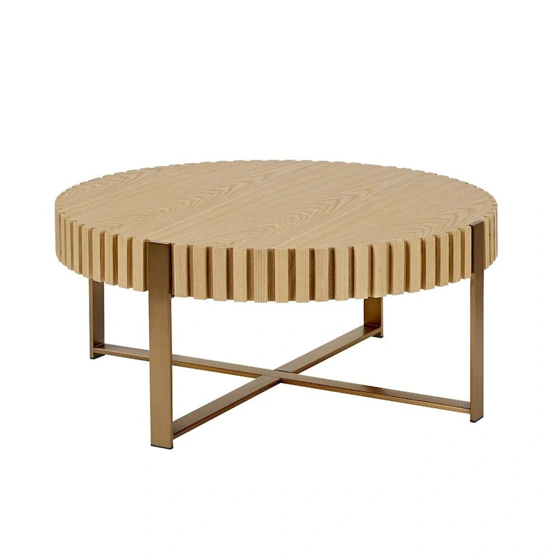 Black Round Coffee Table Fluted Apron Gold X-Frame Metal Legs MDF Top