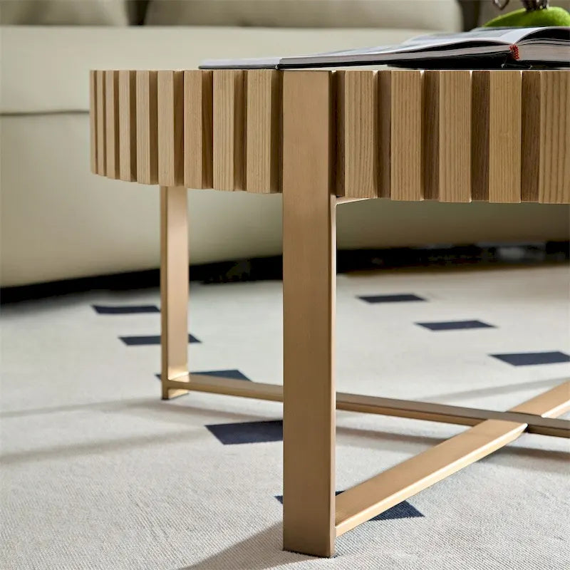 Black Round Coffee Table Fluted Apron Gold X-Frame Metal Legs MDF Top