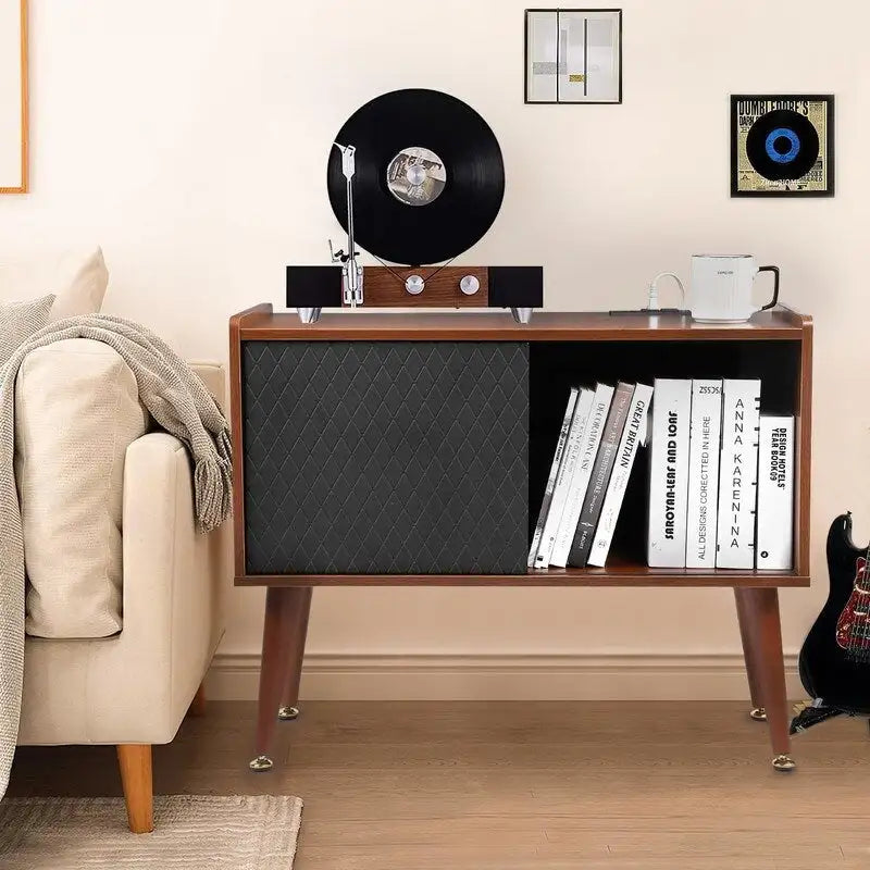 Brown Vinyl Record Player Stand Storage Cabinet with Charging Station