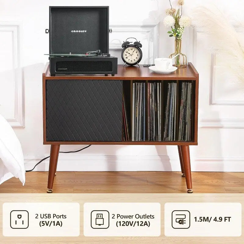 Brown Vinyl Record Player Stand Storage Cabinet with Charging Station