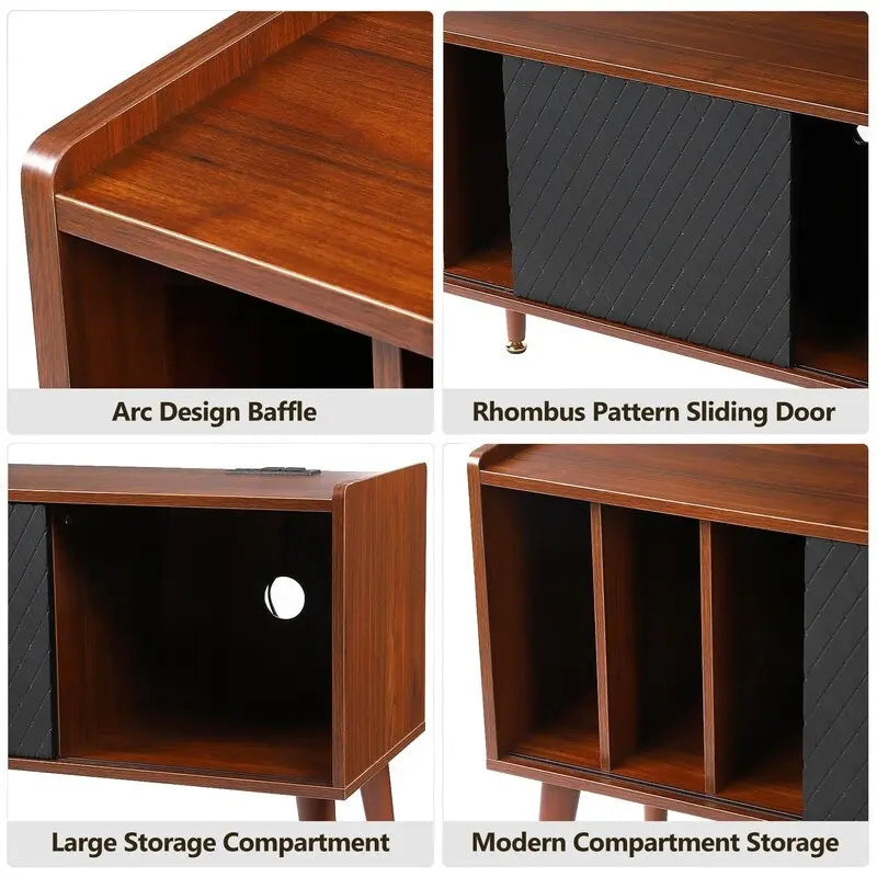 Brown Vinyl Record Player Stand Storage Cabinet with Charging Station