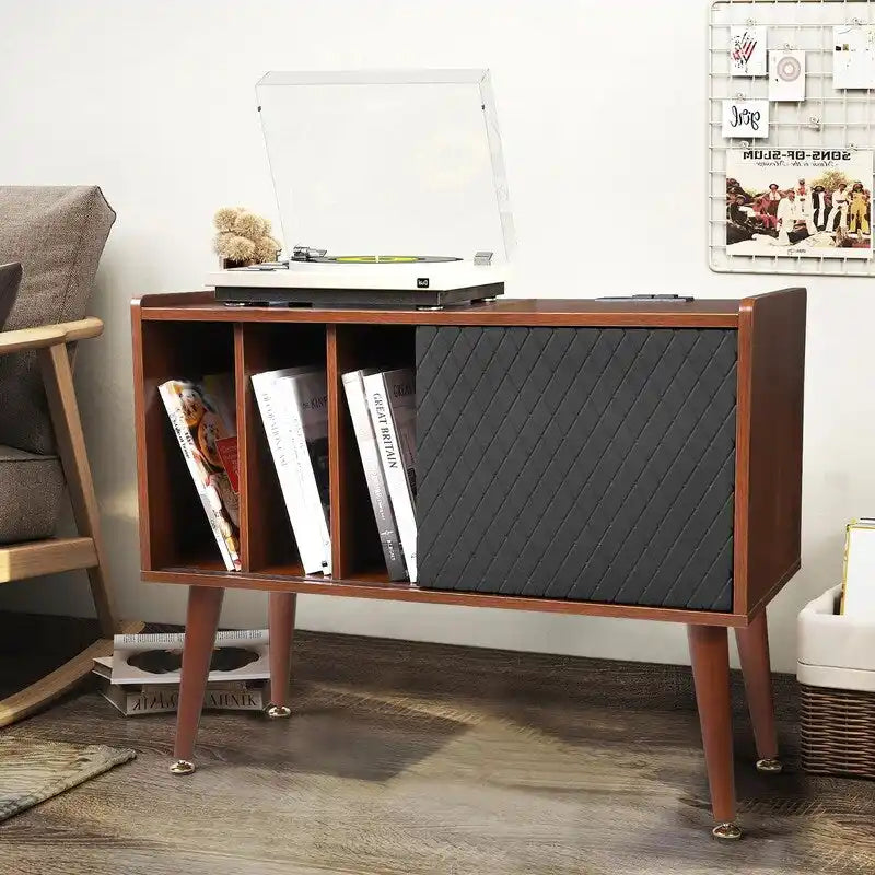 Brown Vinyl Record Player Stand Storage Cabinet with Charging Station